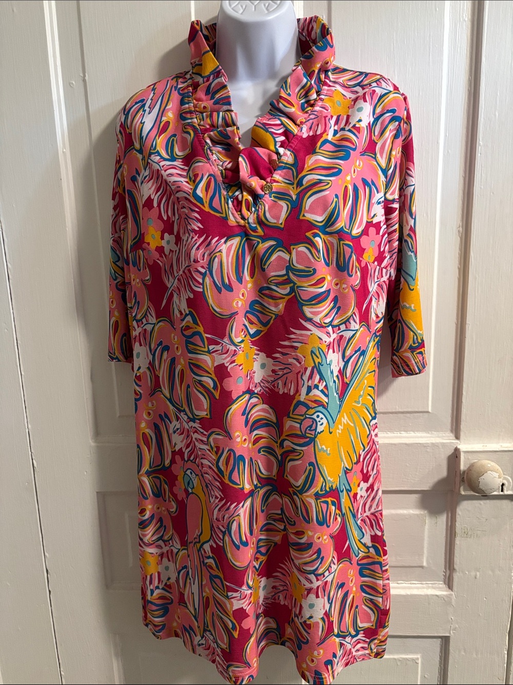 Simply Southern Vibrant Pink Tropical Print Ruffle-Neck Dress Size M